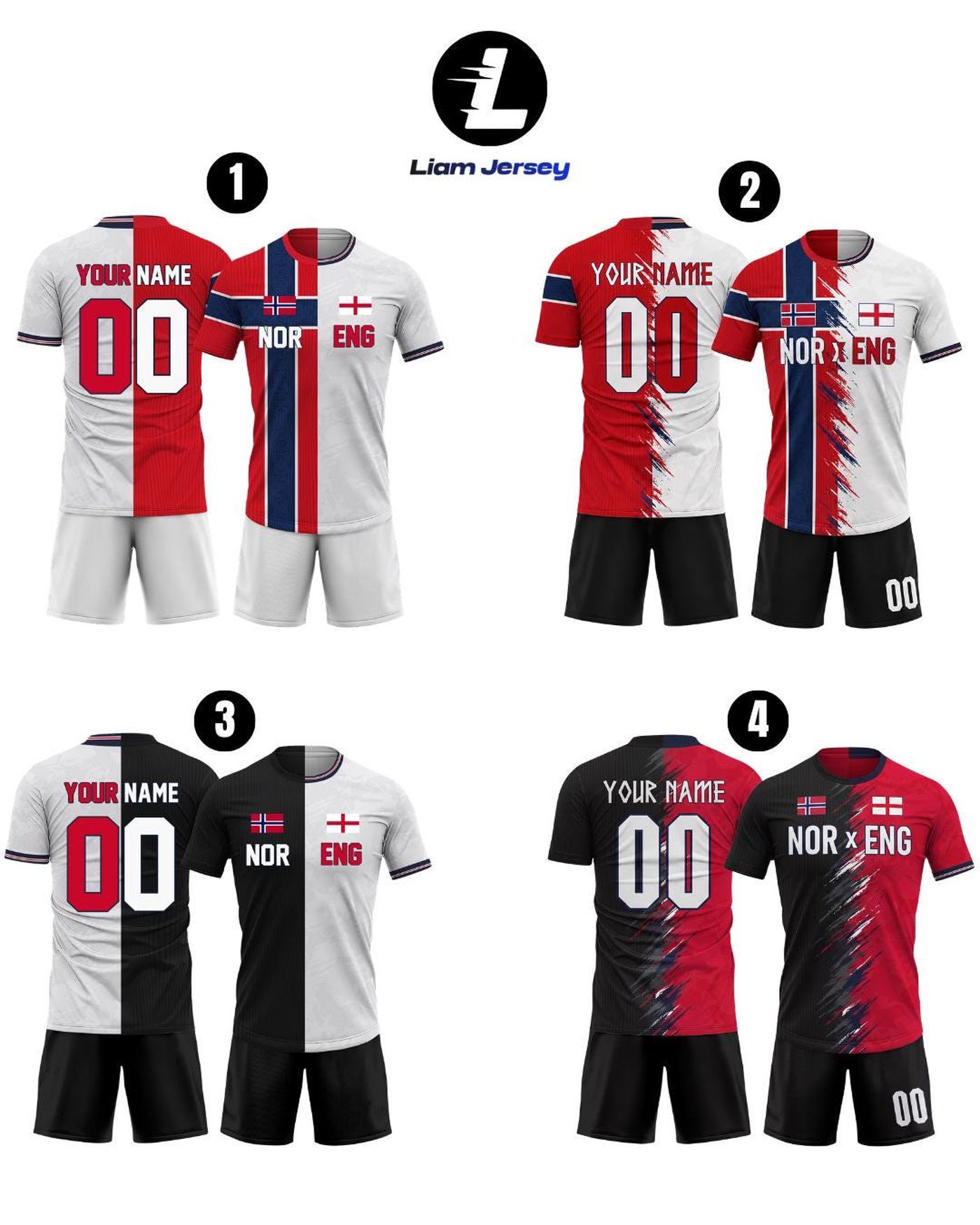 Custom Half Norway Half England Soccer Jersey Set, Two Country Football Jersey